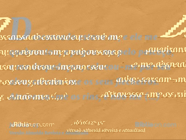 Descansado estava eu, e ele me quebrantou; e pegou-me pelo pescoço, e me despedaçou; colocou-me por seu alvo;cercam-me os seus flecheiros. Atravessa-me os rins,