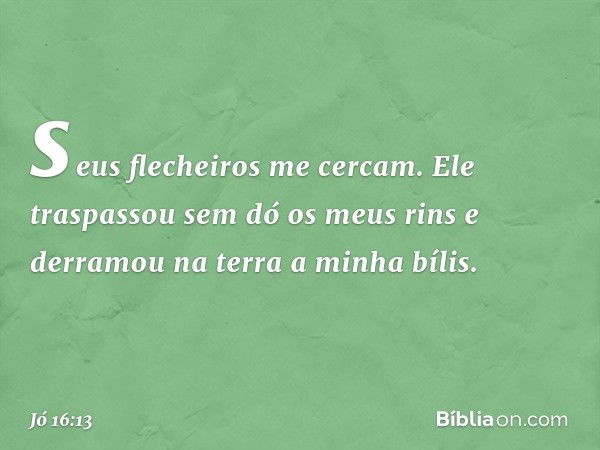 seus flecheiros me cercam.
Ele traspassou sem dó os meus rins
e derramou na terra a minha bílis. -- Jó 16:13