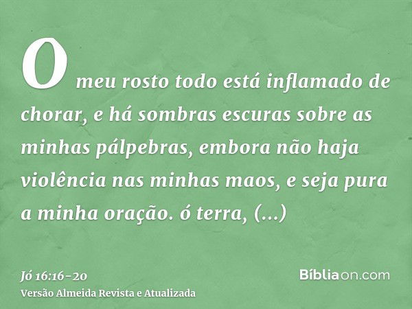 O meu rosto todo está inflamado de chorar, e há sombras escuras sobre as minhas pálpebras,embora não haja violência nas minhas maos, e seja pura a minha oração.