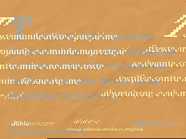 Testemunha disto é que já me fizeste enrugado, e a minha magreza já se levanta contra mim e no meu rosto testifica contra mim.Na sua ira, me despedaçou, e ele m