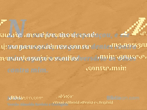Na sua ira, me despedaçou, e ele me perseguiu; rangeu os dentes contra mim; aguça o meu adversário os olhos contra mim.