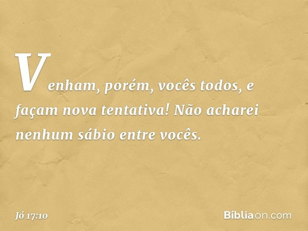 "Venham, porém, vocês todos,
e façam nova tentativa!
Não acharei nenhum sábio
entre vocês. -- Jó 17:10