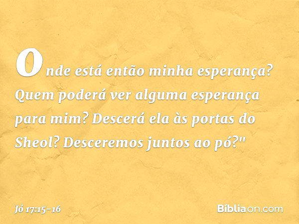 onde está então
minha esperança?
Quem poderá ver
alguma esperança para mim? Descerá ela às portas do Sheol?
Desceremos juntos ao pó?" -- Jó 17:15-16