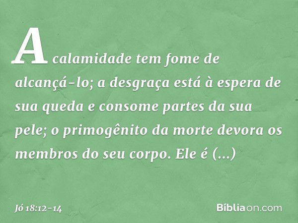 A calamidade tem fome de alcançá-lo;
a desgraça está à espera
de sua queda e consome partes da sua pele;
o primogênito da morte
devora os membros do seu corpo. 