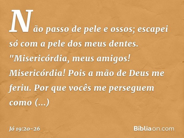 Não passo de pele e ossos;
escapei só com a pele
dos meus dentes. "Misericórdia, meus amigos!
Misericórdia!
Pois a mão de Deus me feriu. Por que vocês me perseg