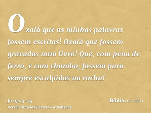 Oxalá que as minhas palavras fossem escritas! Oxalá que fossem gravadas num livro!Que, com pena de ferro, e com chumbo, fossem para sempre esculpidas na rocha!