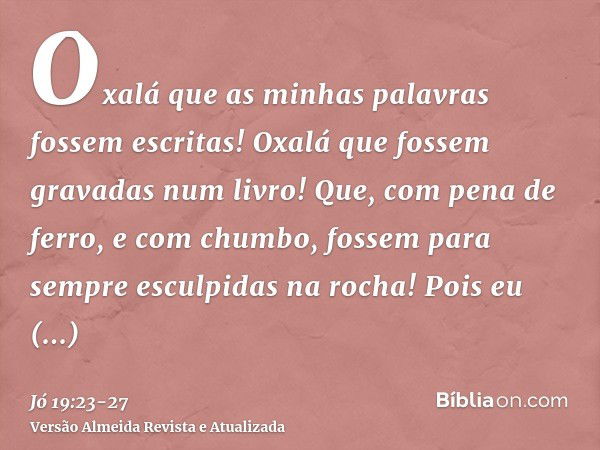 Oxalá que as minhas palavras fossem escritas! Oxalá que fossem gravadas num livro!Que, com pena de ferro, e com chumbo, fossem para sempre esculpidas na rocha!P