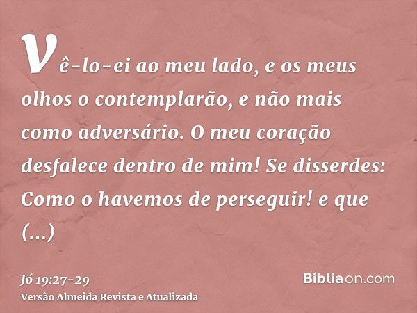 vê-lo-ei ao meu lado, e os meus olhos o contemplarão, e não mais como adversário. O meu coração desfalece dentro de mim!Se disserdes: Como o havemos de persegui