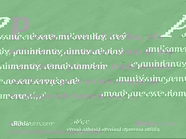 Possuía ele sete mil ovelhas, três mil camelos, quinhentas juntas de bois e quinhentas jumentas, tendo também muitíssima gente ao seu serviço; de modo que este