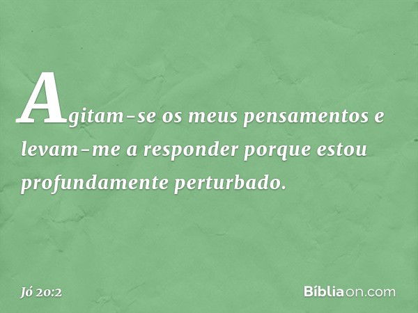 "Agitam-se os meus pensamentos
e levam-me a responder
porque estou profundamente
perturbado. -- Jó 20:2