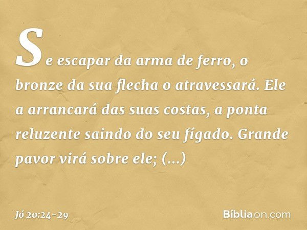 Se escapar da arma de ferro,
o bronze da sua flecha o atravessará. Ele a arrancará das suas costas,
a ponta reluzente saindo do seu fígado.
Grande pavor virá so