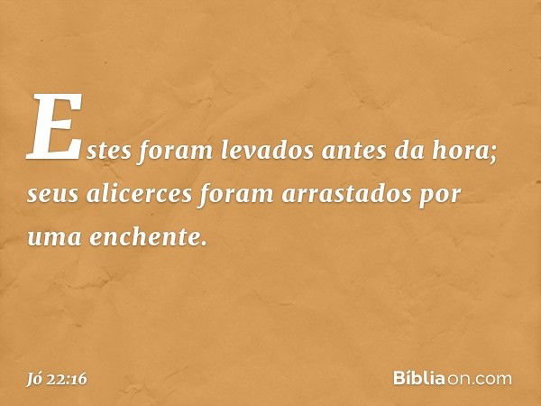 Estes foram levados antes da hora;
seus alicerces foram arrastados
por uma enchente. -- Jó 22:16