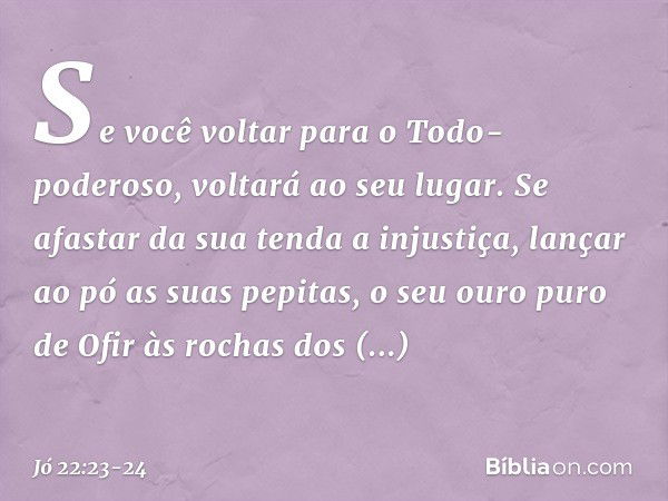 Se você voltar
para o Todo-poderoso,
voltará ao seu lugar.
Se afastar da sua tenda a injustiça, lançar ao pó as suas pepitas,
o seu ouro puro de Ofir
às rochas 