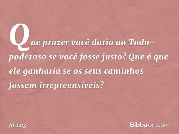 Que prazer você daria
ao Todo-poderoso
se você fosse justo?
Que é que ele ganharia se os seus
caminhos fossem irrepreensíveis? -- Jó 22:3