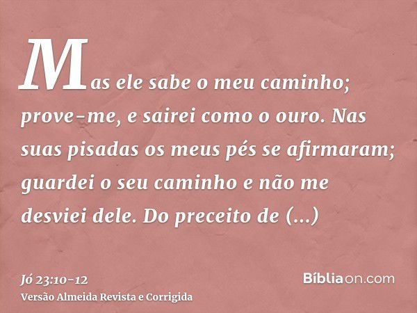 Mas ele sabe o meu caminho; prove-me, e sairei como o ouro.Nas suas pisadas os meus pés se afirmaram; guardei o seu caminho e não me desviei dele.Do preceito de