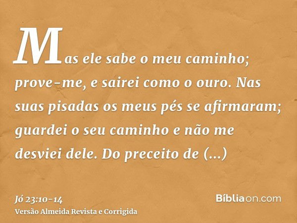 Mas ele sabe o meu caminho; prove-me, e sairei como o ouro.Nas suas pisadas os meus pés se afirmaram; guardei o seu caminho e não me desviei dele.Do preceito de