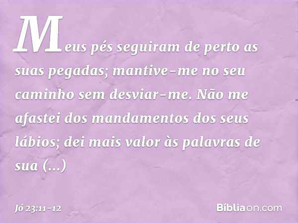 Meus pés seguiram de perto
as suas pegadas;
mantive-me no seu caminho
sem desviar-me. Não me afastei dos mandamentos
dos seus lábios;
dei mais valor às palavras