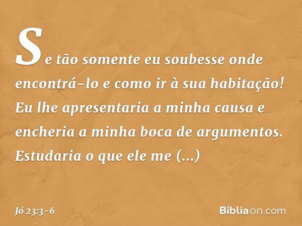 Se tão somente eu soubesse
onde encontrá-lo e como ir à sua habitação! Eu lhe apresentaria a minha causa
e encheria a minha boca
de argumentos. Estudaria o que 