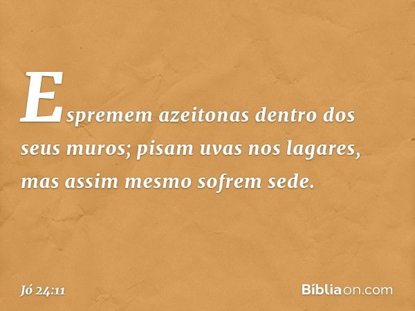 Espremem azeitonas
dentro dos seus muros;
pisam uvas nos lagares,
mas assim mesmo sofrem sede. -- Jó 24:11