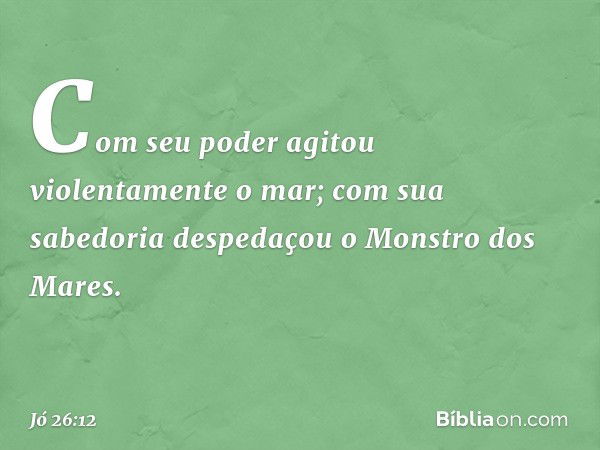 Com seu poder agitou
violentamente o mar;
com sua sabedoria
despedaçou o Monstro dos Mares. -- Jó 26:12