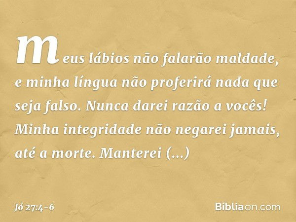 meus lábios não falarão maldade,
e minha língua não proferirá
nada que seja falso. Nunca darei razão a vocês!
Minha integridade não negarei jamais,
até a morte.