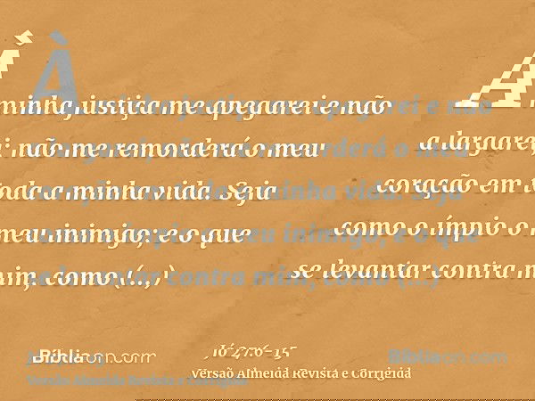 À minha justiça me apegarei e não a largarei; não me remorderá o meu coração em toda a minha vida.Seja como o ímpio o meu inimigo; e o que se levantar contra mi