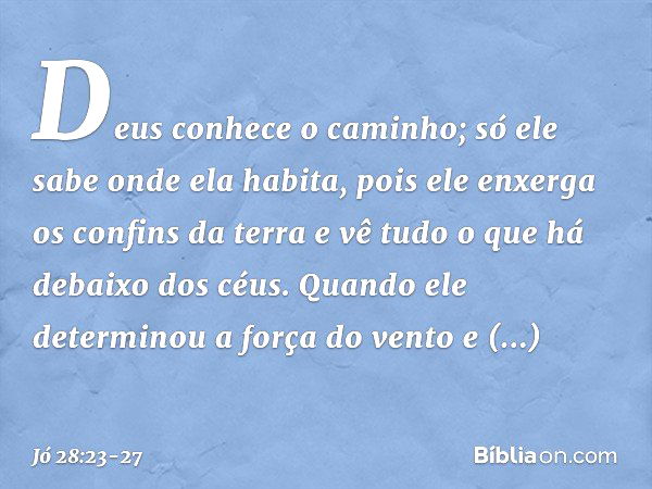 Deus conhece o caminho;
só ele sabe onde ela habita, pois ele enxerga os confins da terra
e vê tudo o que há debaixo dos céus. Quando ele determinou
a força do 