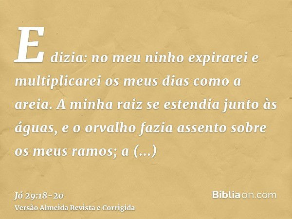 E dizia: no meu ninho expirarei e multiplicarei os meus dias como a areia.A minha raiz se estendia junto às águas, e o orvalho fazia assento sobre os meus ramos