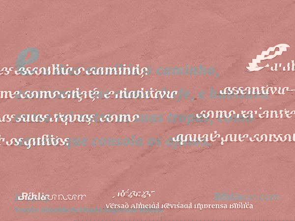 eu lhes escolhia o caminho, assentava-me como chefe, e habitava como rei entre as suas tropas, como aquele que consola os aflitos.