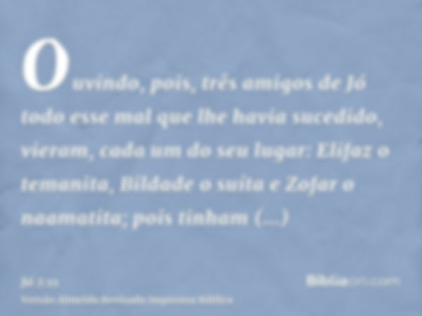 Ouvindo, pois, três amigos de Jó todo esse mal que lhe havia sucedido, vieram, cada um do seu lugar: Elifaz o temanita, Bildade o suíta e Zofar o naamatita; poi