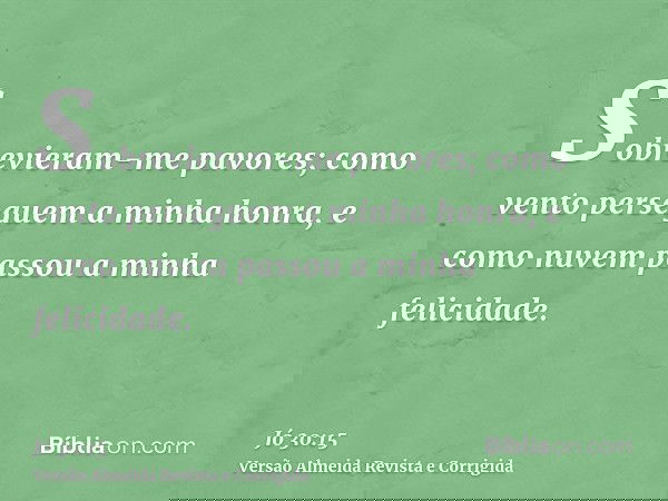 Sobrevieram-me pavores; como vento perseguem a minha honra, e como nuvem passou a minha felicidade.