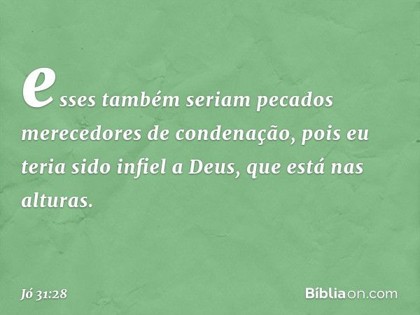 esses também seriam pecados
merecedores de condenação,
pois eu teria sido infiel a Deus,
que está nas alturas. -- Jó 31:28