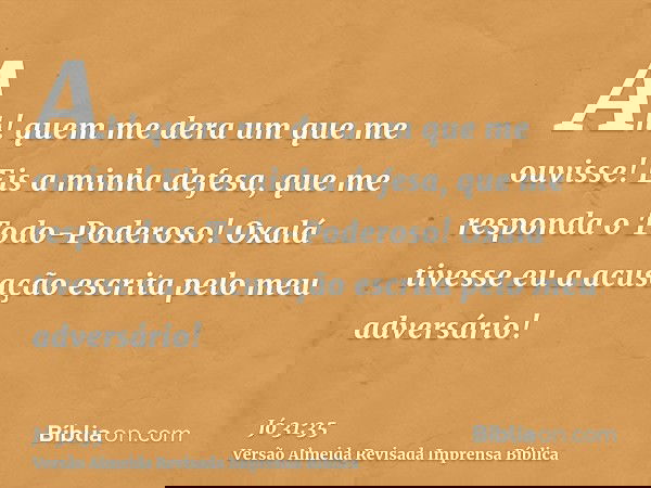 Ah! quem me dera um que me ouvisse! Eis a minha defesa, que me responda o Todo-Poderoso! Oxalá tivesse eu a acusação escrita pelo meu adversário!