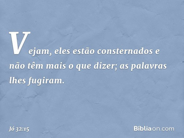 "Vejam, eles estão consternados
e não têm mais o que dizer;
as palavras lhes fugiram. -- Jó 32:15