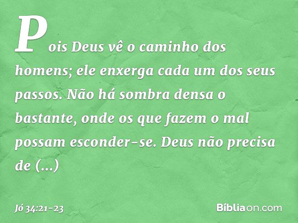 "Pois Deus vê o caminho
dos homens;
ele enxerga cada um dos seus passos. Não há sombra densa o bastante,
onde os que fazem o mal
possam esconder-se. Deus não pr