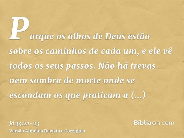 Porque os olhos de Deus estão sobre os caminhos de cada um, e ele vê todos os seus passos.Não há trevas nem sombra de morte onde se escondam os que praticam a i