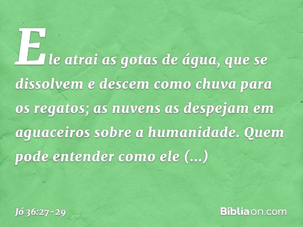 "Ele atrai as gotas de água,
que se dissolvem
e descem como chuva
para os regatos; as nuvens as despejam em aguaceiros
sobre a humanidade. Quem pode entender
co