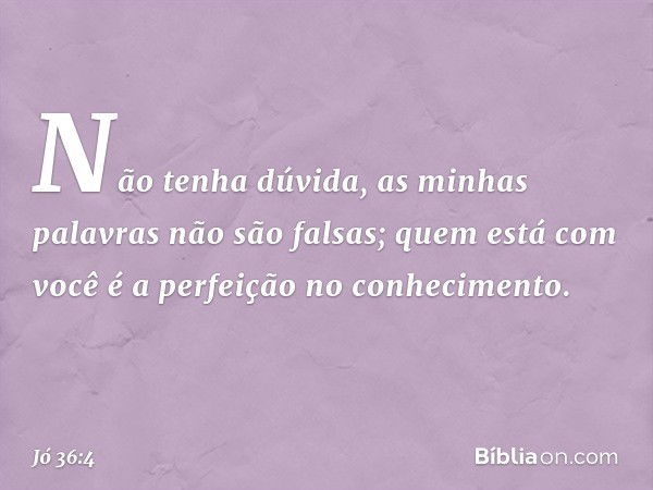 Não tenha dúvida,
as minhas palavras não são falsas;
quem está com você
é a perfeição no conhecimento. -- Jó 36:4