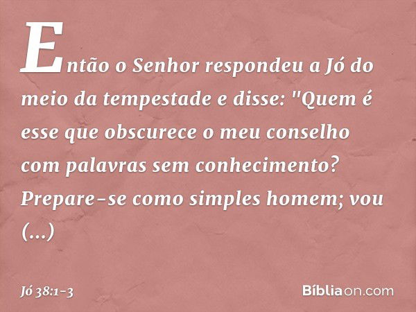 Então o Senhor respondeu a Jó do meio da tempestade e disse: "Quem é esse que obscurece
o meu conselho
com palavras sem conhecimento? Prepare-se como simples ho