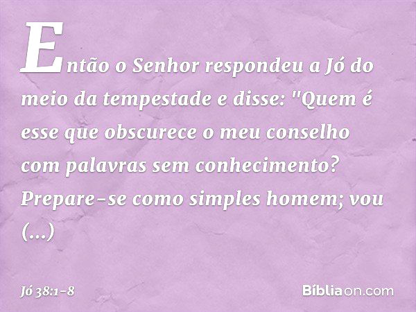 Então o Senhor respondeu a Jó do meio da tempestade e disse: "Quem é esse que obscurece
o meu conselho
com palavras sem conhecimento? Prepare-se como simples ho