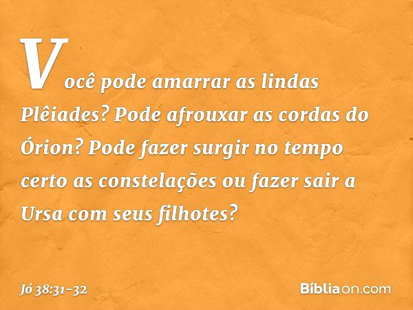 "Você pode amarrar
as lindas Plêiades?
Pode afrouxar as cordas do Órion? Pode fazer surgir no tempo certo
as constelações
ou fazer sair a Ursa
com seus filhotes