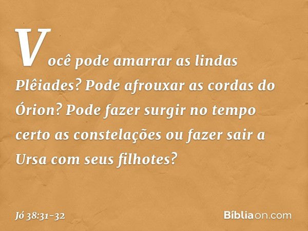 "Você pode amarrar
as lindas Plêiades?
Pode afrouxar as cordas do Órion? Pode fazer surgir no tempo certo
as constelações
ou fazer sair a Ursa
com seus filhotes