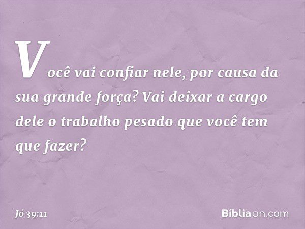 Você vai confiar nele,
por causa da sua grande força?
Vai deixar a cargo dele
o trabalho pesado
que você tem que fazer? -- Jó 39:11