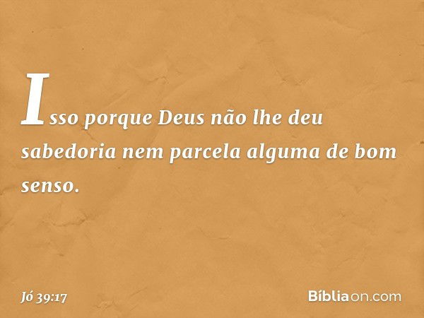 Isso porque Deus
não lhe deu sabedoria
nem parcela alguma de bom senso. -- Jó 39:17