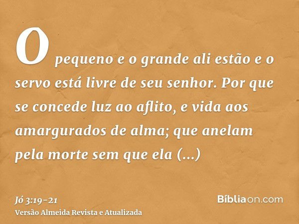 O pequeno e o grande ali estão e o servo está livre de seu senhor.Por que se concede luz ao aflito, e vida aos amargurados de alma;que anelam pela morte sem que