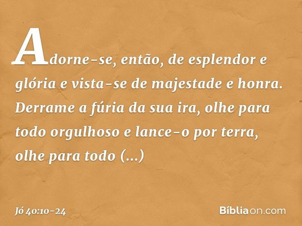 Adorne-se, então,
de esplendor e glória
e vista-se de majestade e honra. Derrame a fúria da sua ira,
olhe para todo orgulhoso
e lance-o por terra, olhe para tod