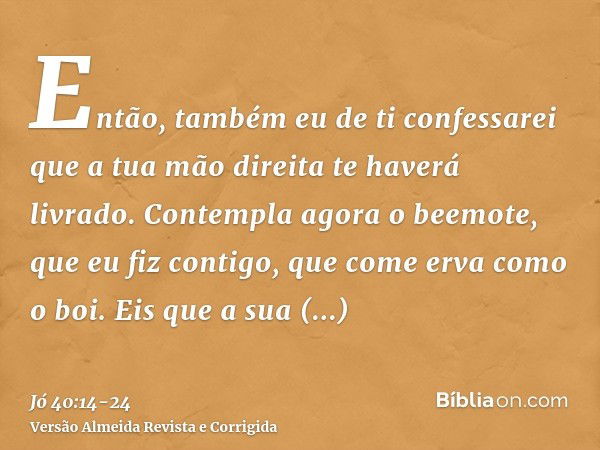 Então, também eu de ti confessarei que a tua mão direita te haverá livrado.Contempla agora o beemote, que eu fiz contigo, que come erva como o boi.Eis que a sua