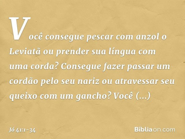 "Você consegue pescar com anzol
o Leviatã
ou prender sua língua com uma corda? Consegue fazer passar um cordão
pelo seu nariz
ou atravessar seu queixo
com um ga