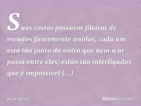 Suas costas possuem
fileiras de escudos
firmemente unidos; cada um está tão junto do outro
que nem o ar passa entre eles; estão tão interligados
que é impossíve