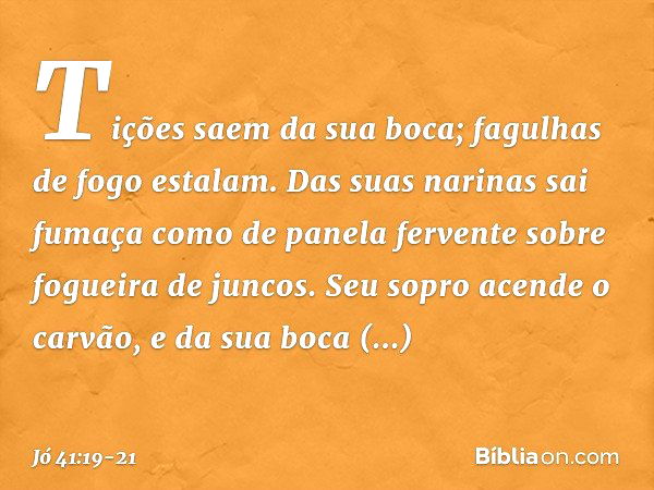 Tições saem da sua boca;
fagulhas de fogo estalam. Das suas narinas sai fumaça
como de panela fervente
sobre fogueira de juncos. Seu sopro acende o carvão,
e da